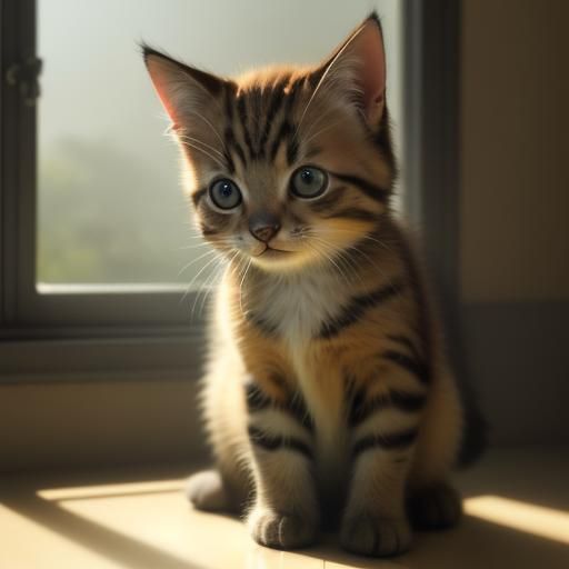 Kitten Playing in Sun-Drenched Room: Cinematic Still