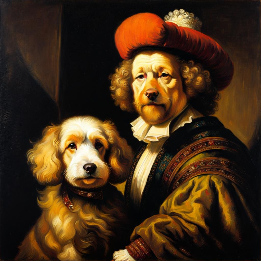 Self-Portrait in Rembrandt Style with Dog