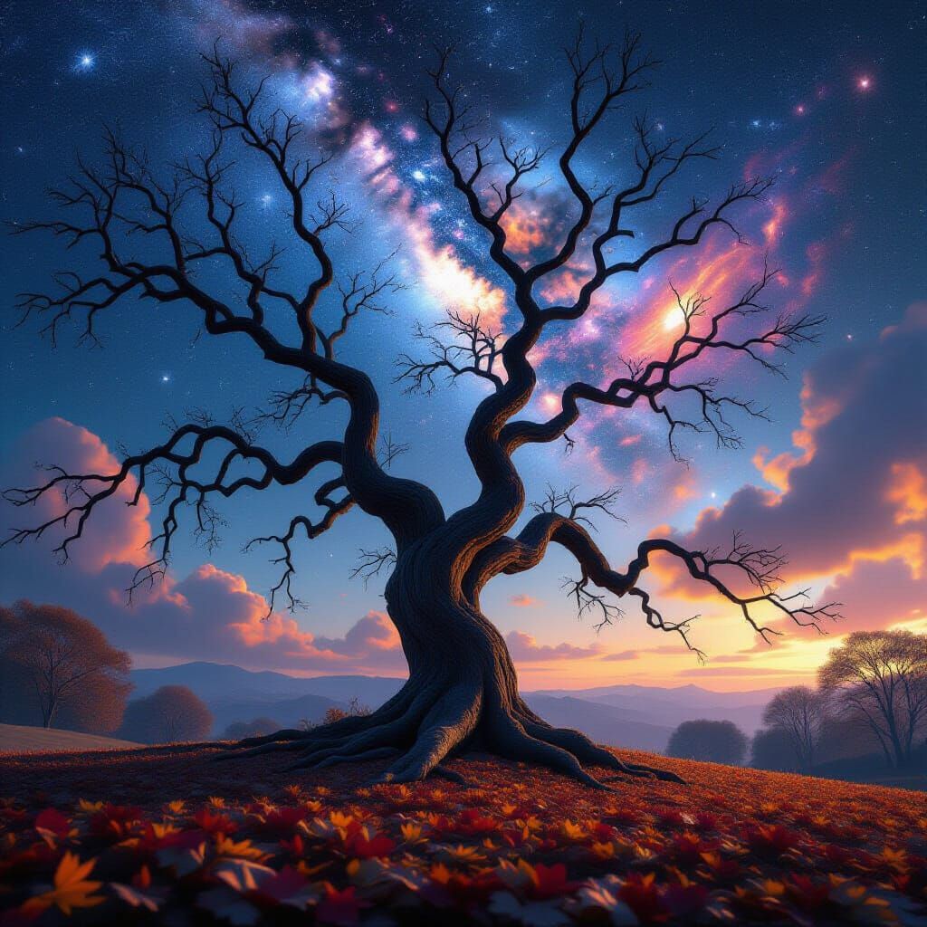 Ancient Tree Under Cosmic Nebulae Sky