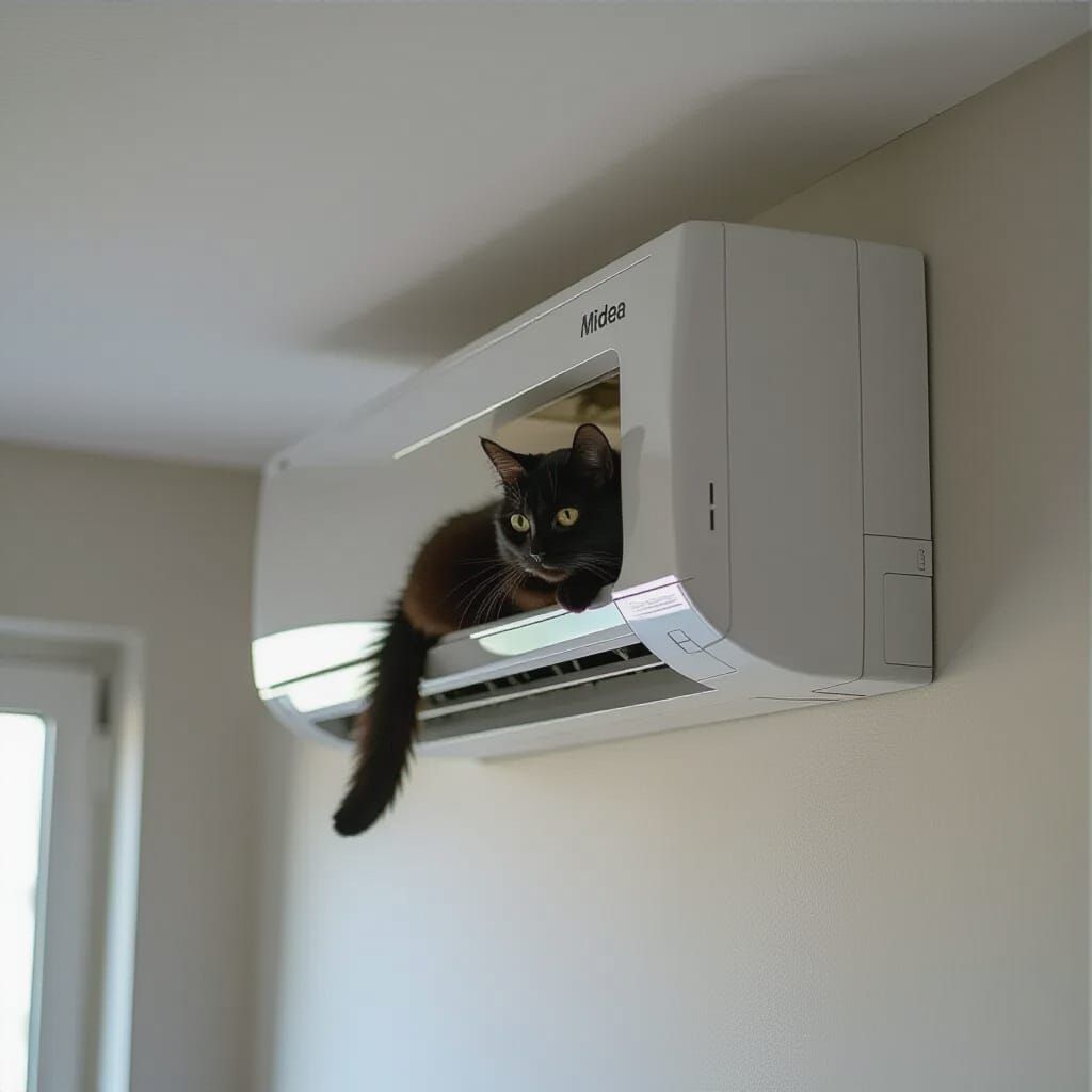 Sleek Black Cat Hides Secretly on High Air Conditioner