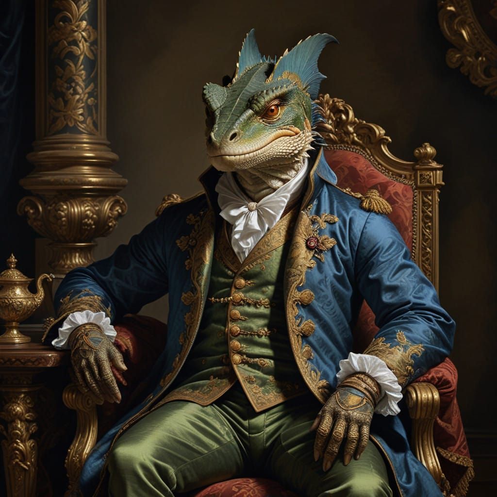 Elegant Lizardman Noble in Opulent Baroque Attire