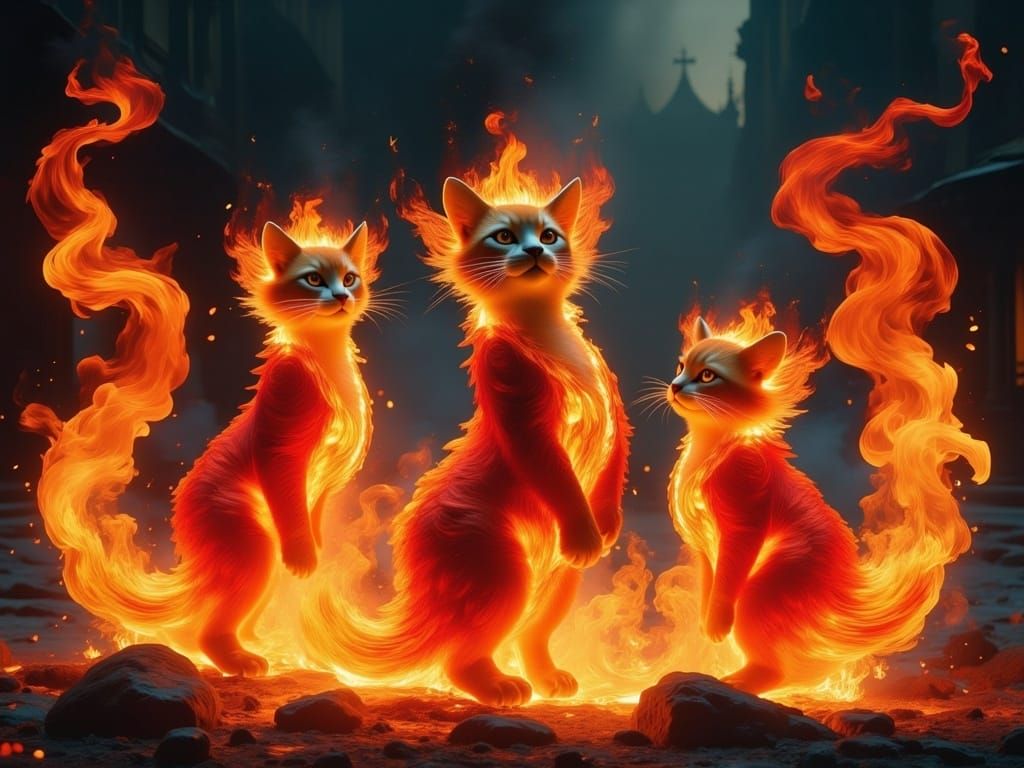 Three Fire Cats in Dreamlike Animation Style