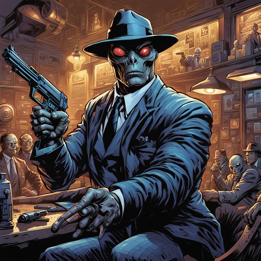 Alien Cyborg Mobster in Comic Book Art Style