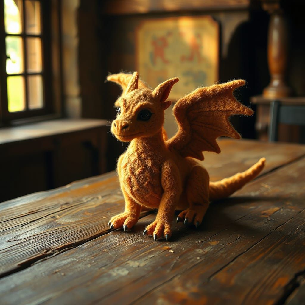 Felt Griffin Figurine on Medieval Table