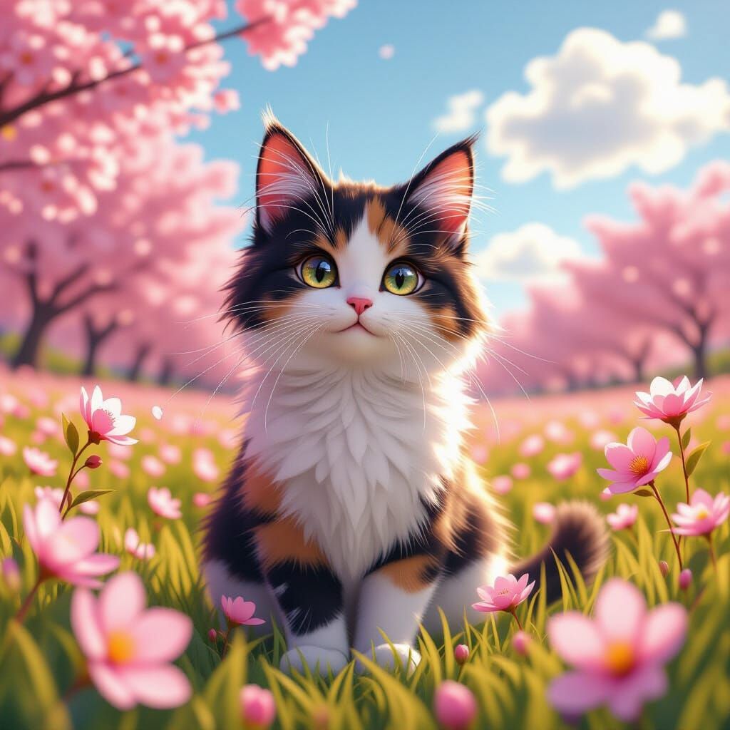 Calico Cat in Cherry Blossoms, 3D Anime Art