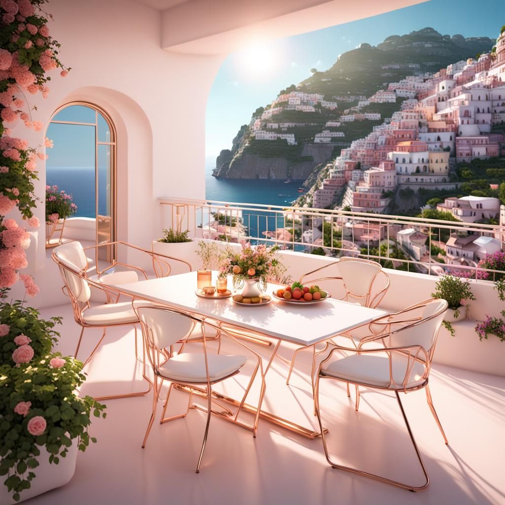 Rose Gold Furniture on Modern Terrace, Positano View