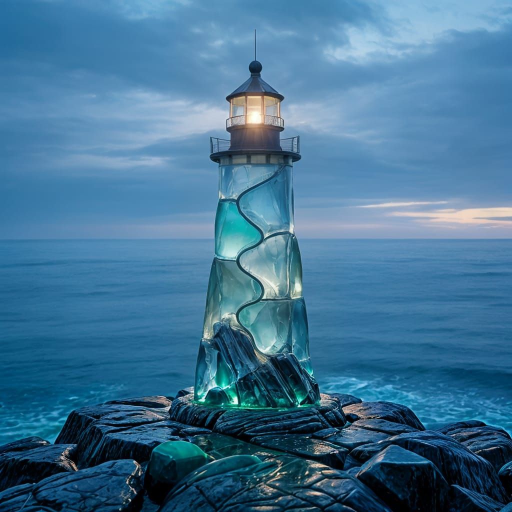 Sea Glass Lighthouse on Misty Twilight Coast