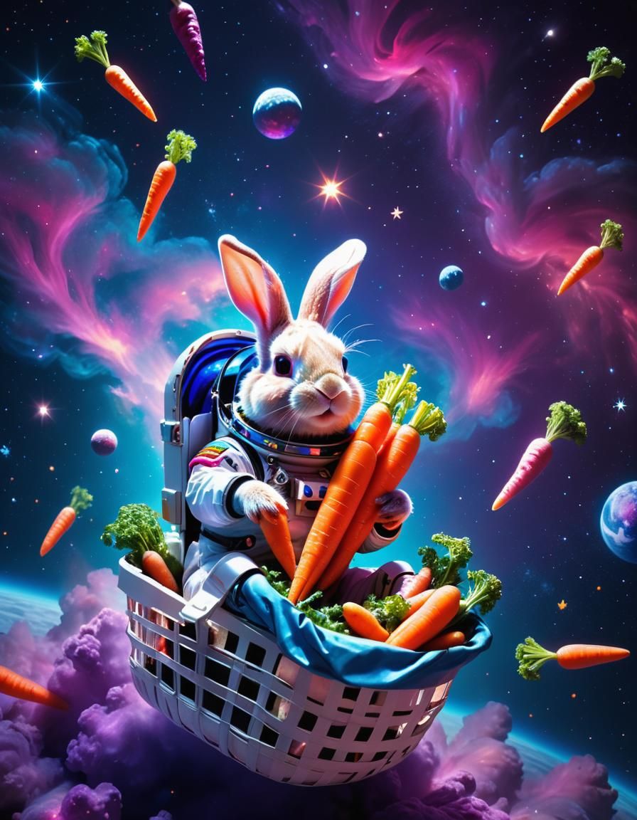 Bunny Astronaut Enjoys Cosmic Carrots in Space