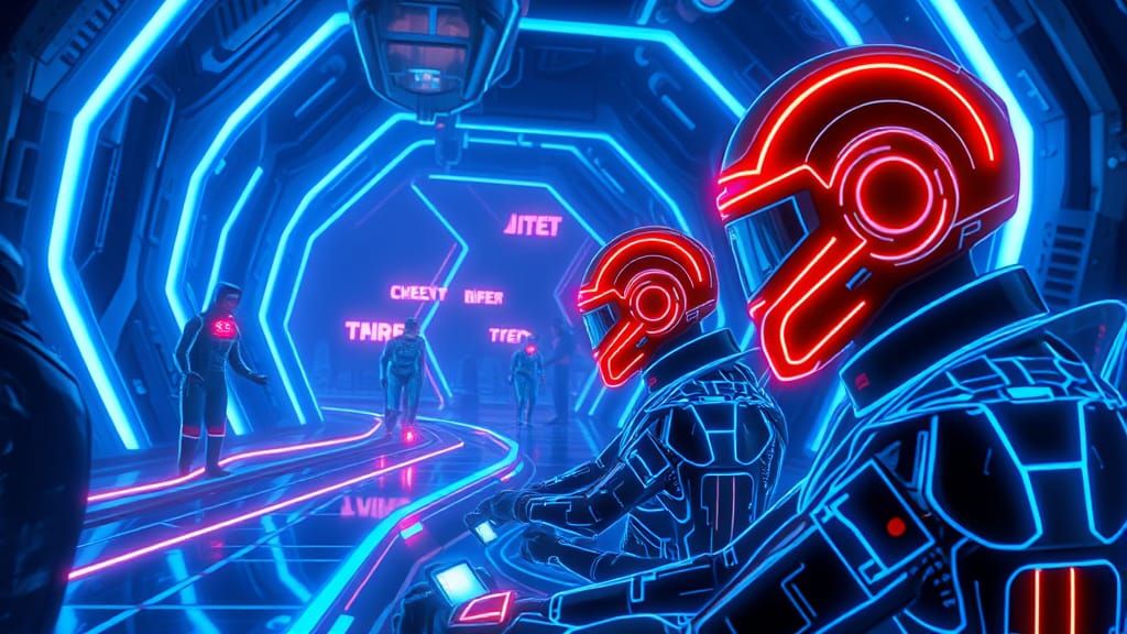 A scene from Tron. Hyperdetailed. Bioluminescent electric blue outlines. Super futuristic and retro at tge same time.