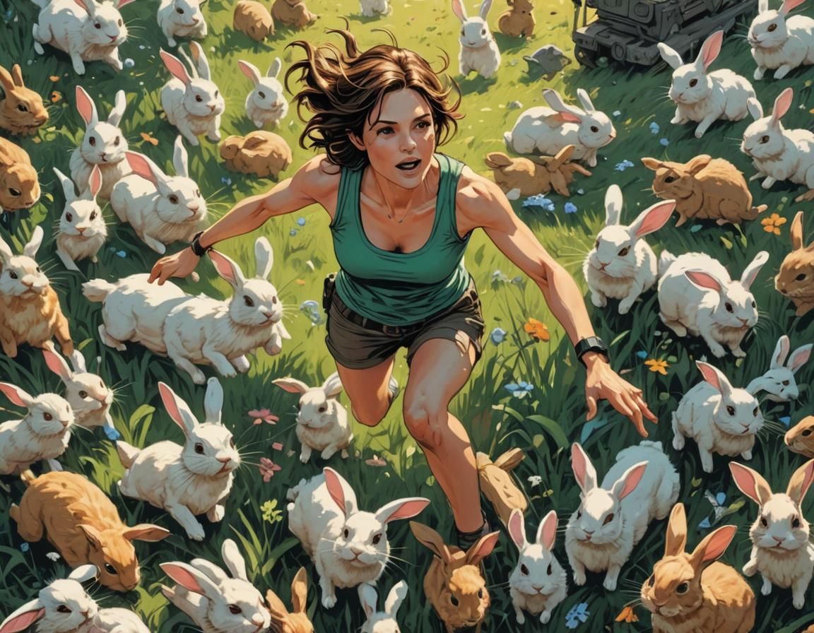 Woman Jumps with Rabbits in Comic Book Art