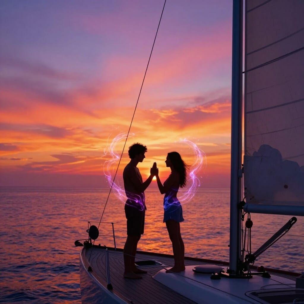 Lovers on Sailboat at Sunset with Magical Energy
