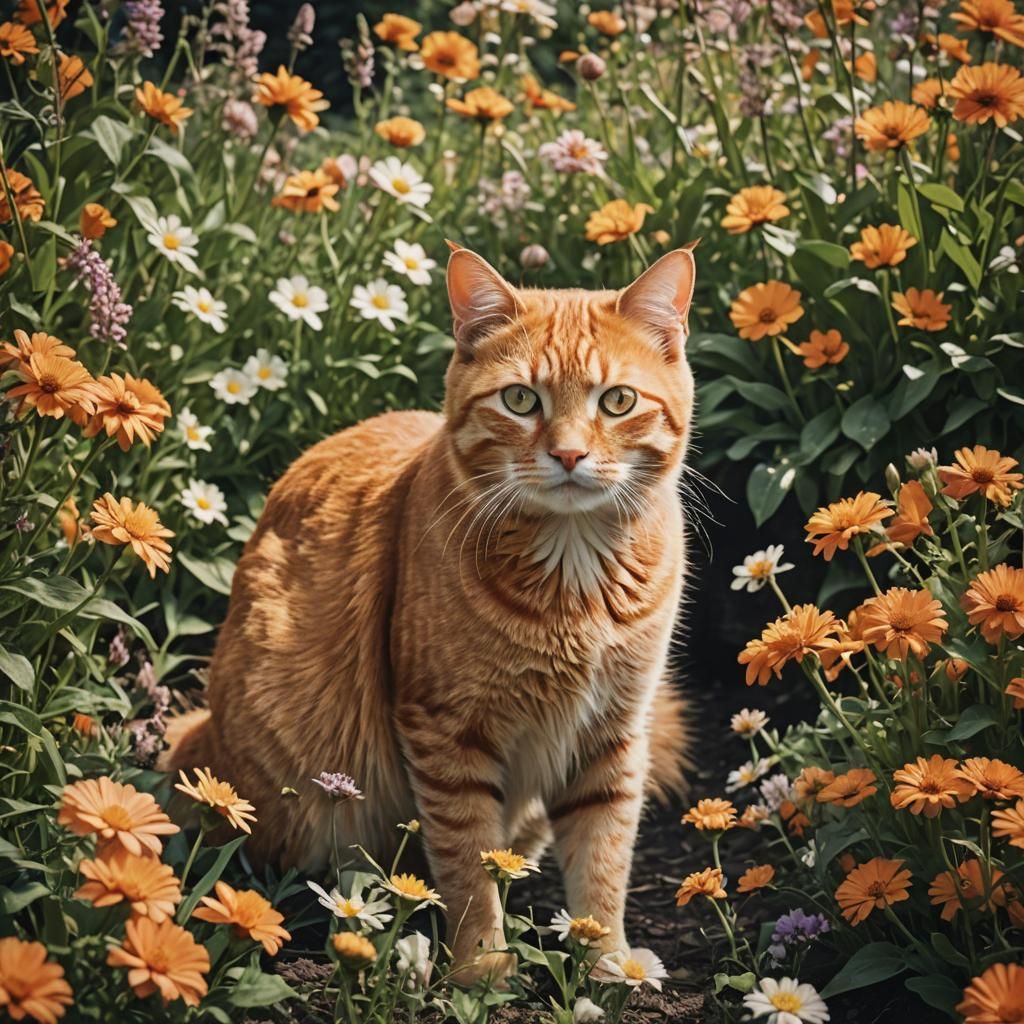 Cinematic Orange Tabby Cat in Flowers