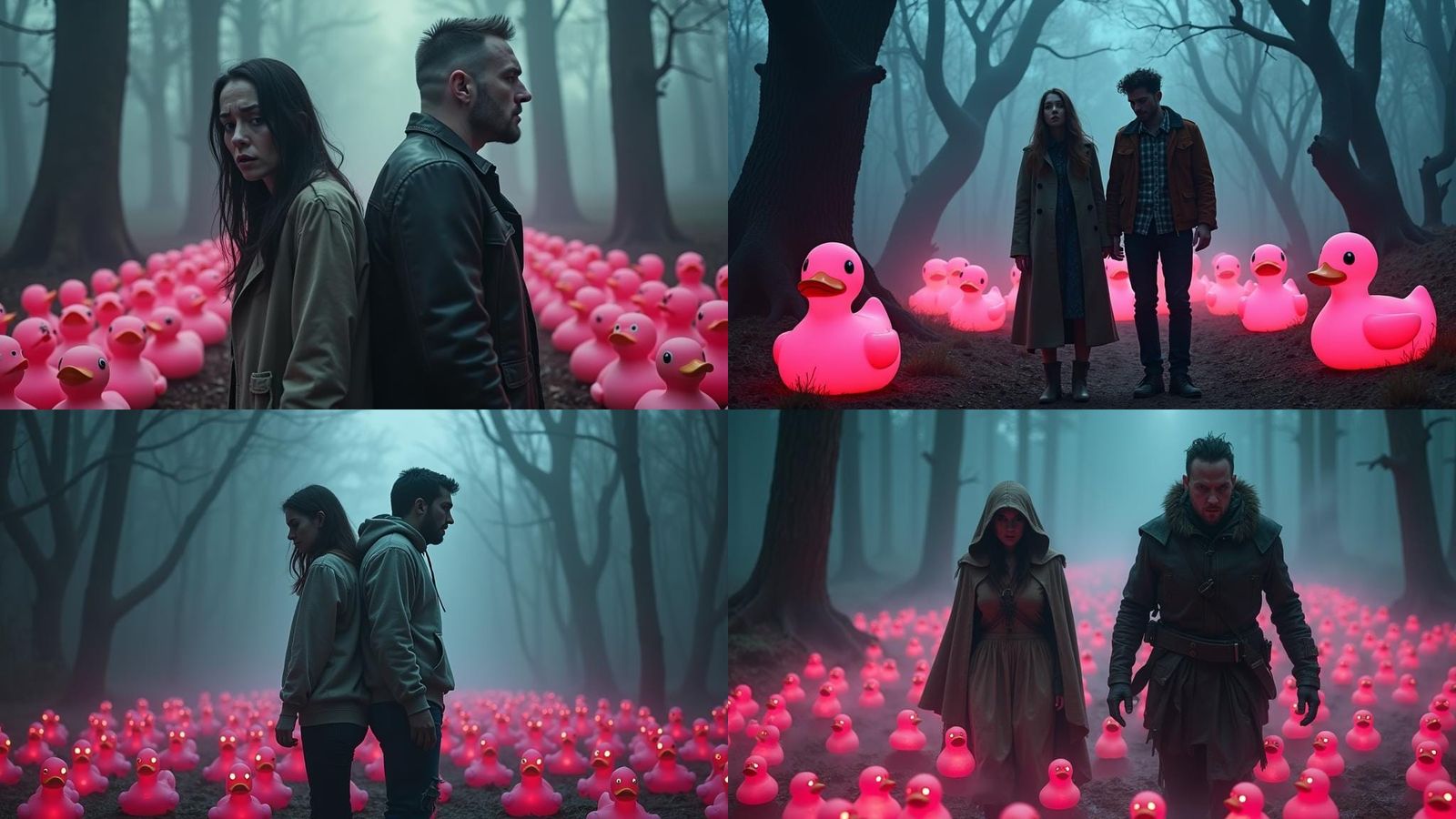 Surreal Rubber Duck Encounter in Misty Forest