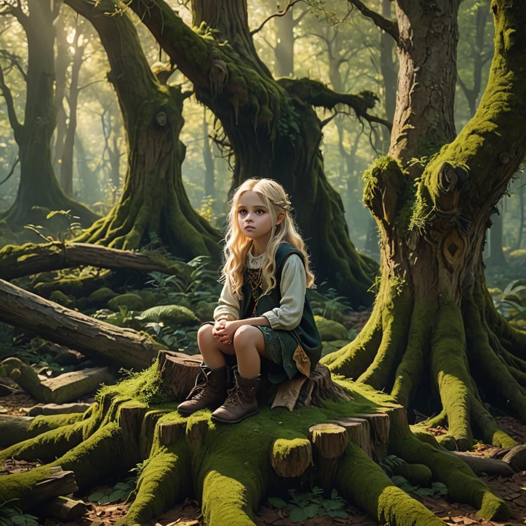 Frail Girl in Forest: Art Nouveau Fairytale