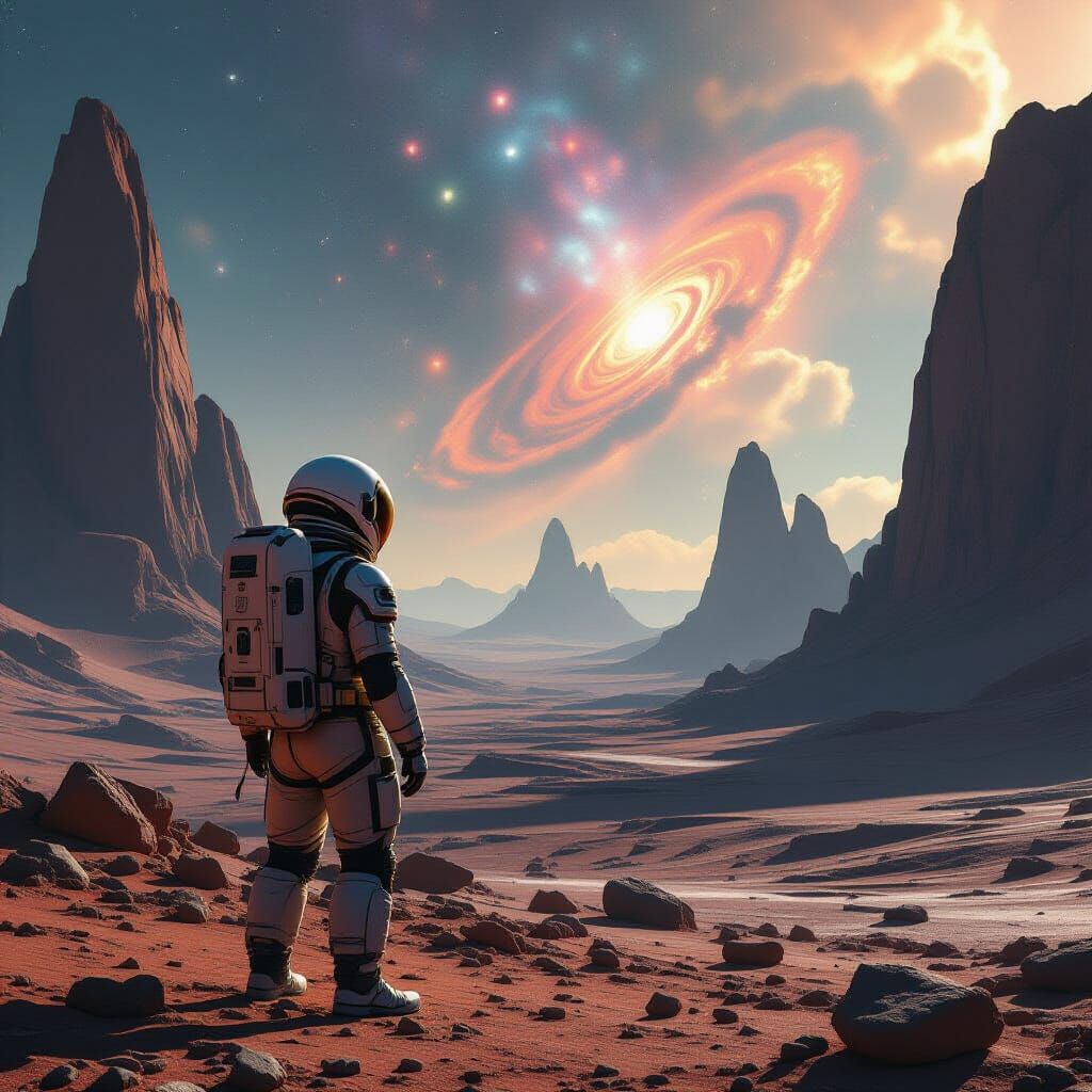 Astronaut Gazes at Nebula on Alien Planet