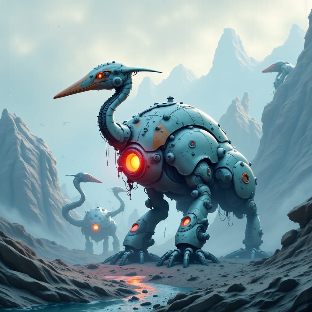 Futuristic Robotic Herons in Dystopian Landscape