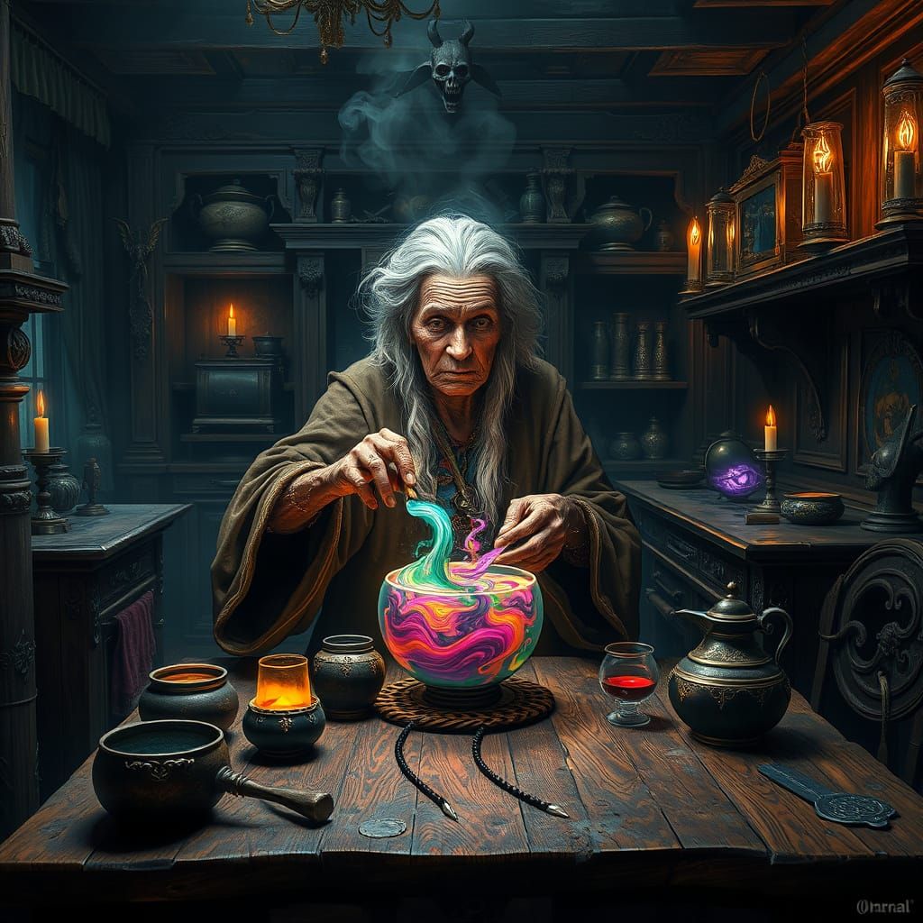 Elderly Witch Concocts Vibrant Potion in Victorian Kitchen
