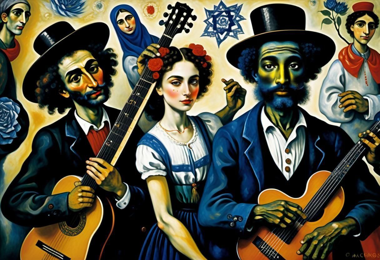 Blues Guitarist with Dancers in Chagall Style