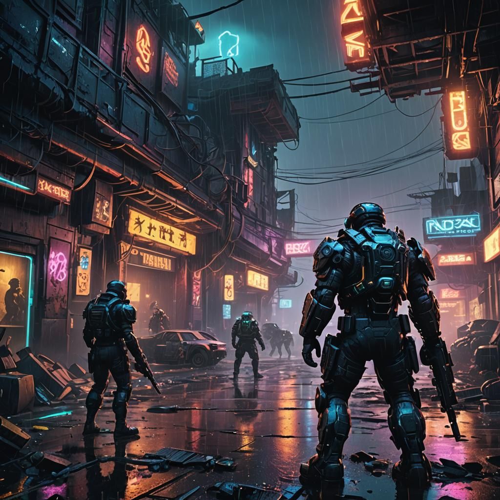 Cyberpunk Gears of War Invasion in Neon-Lit Nuketown