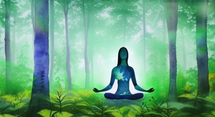 Meditative Woman in Dreamy Watercolor Forest