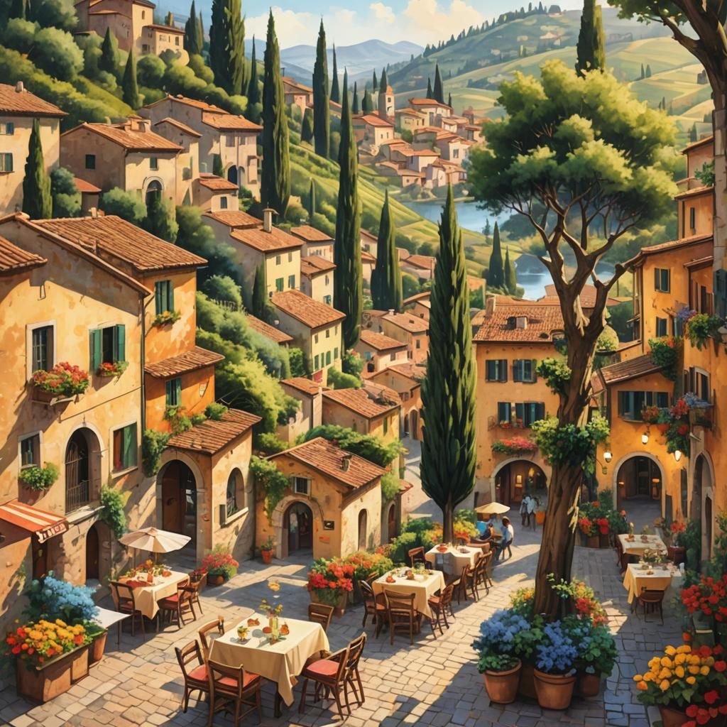 Italian Village with Vineyards in Matte Painting Style