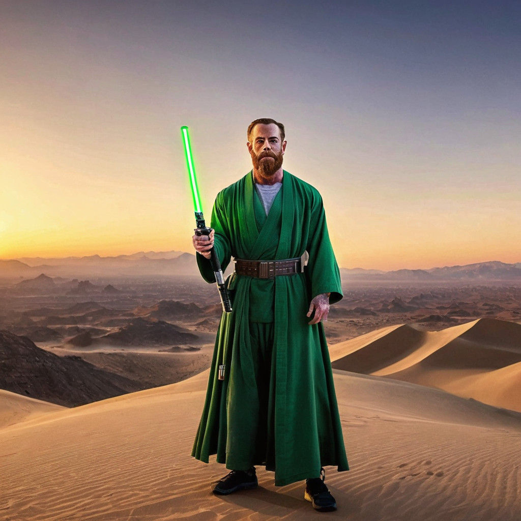 Surreal Jedi Master Poses in Sunset Desert with Green Lights...