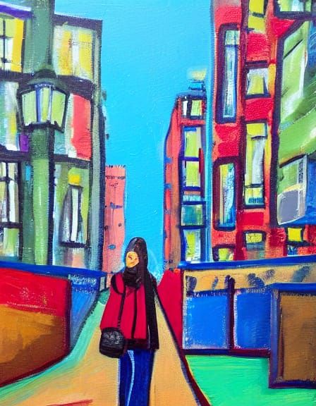 Vibrant Cityscape Woman in Abstract Oil