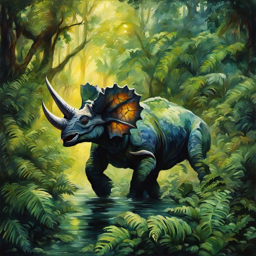 Triceratops in Fern Forest: Gouache Painting