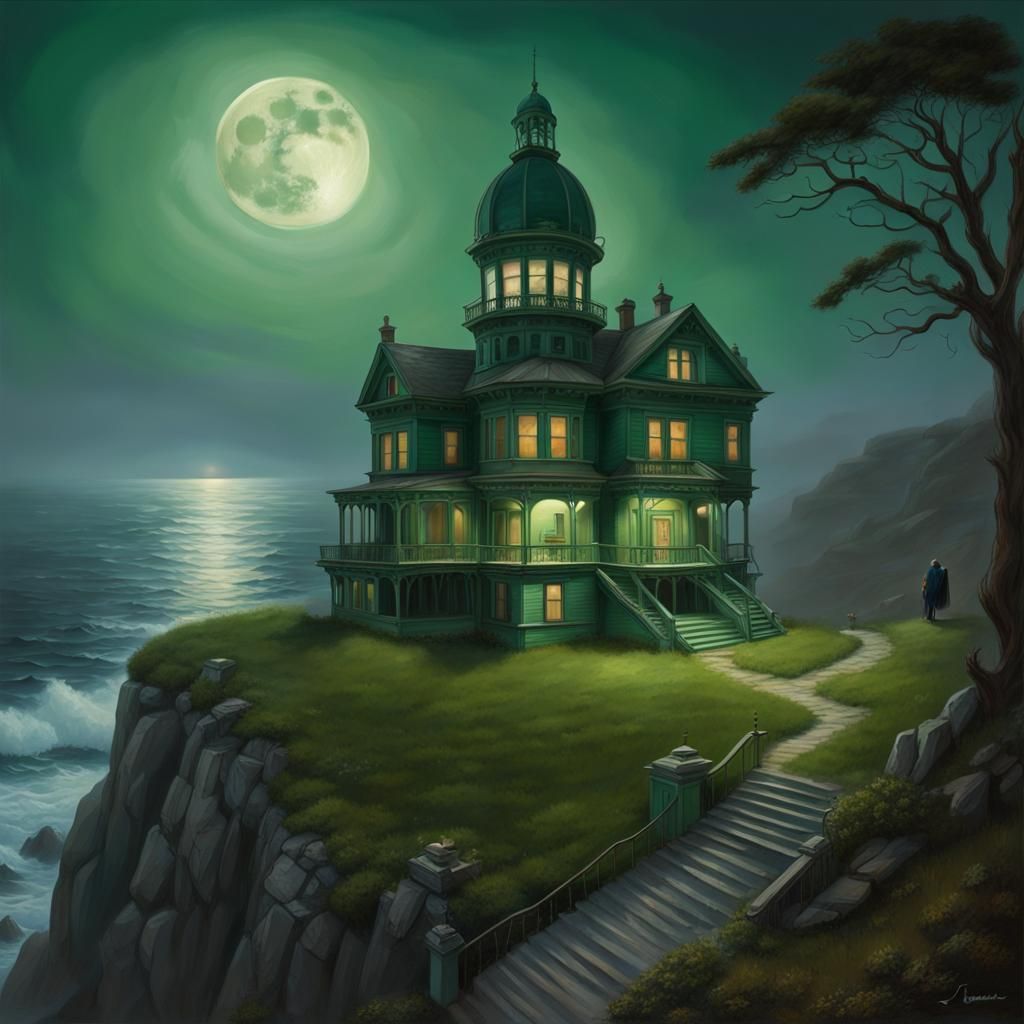 Haunted Victorian Mansion Overlooking Ocean, OIl Painting