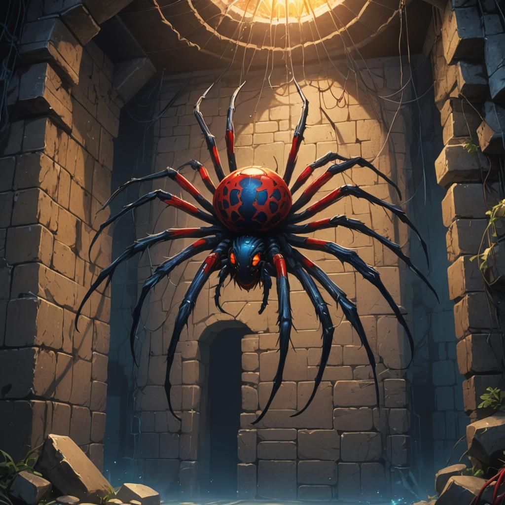 Giant Magical Spider in Fantasy Dungeon, Anime Style
