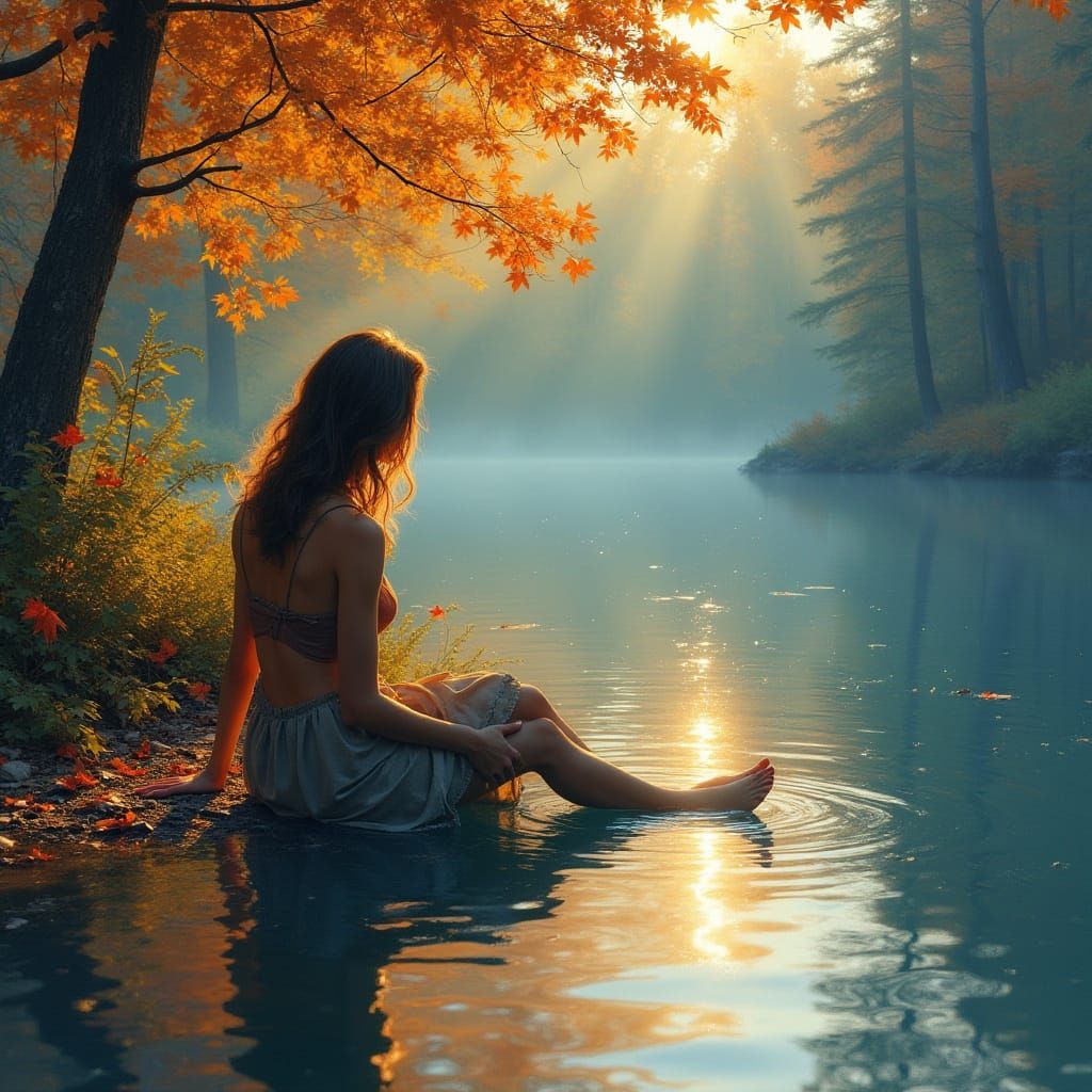 Woman by Autumn Lake in Watercolour Style