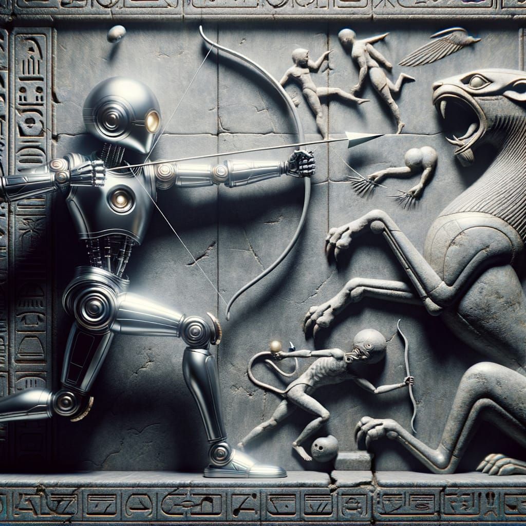 Egyptian Hieroglyph of Dart-Throwing Robot, Cinematic Style