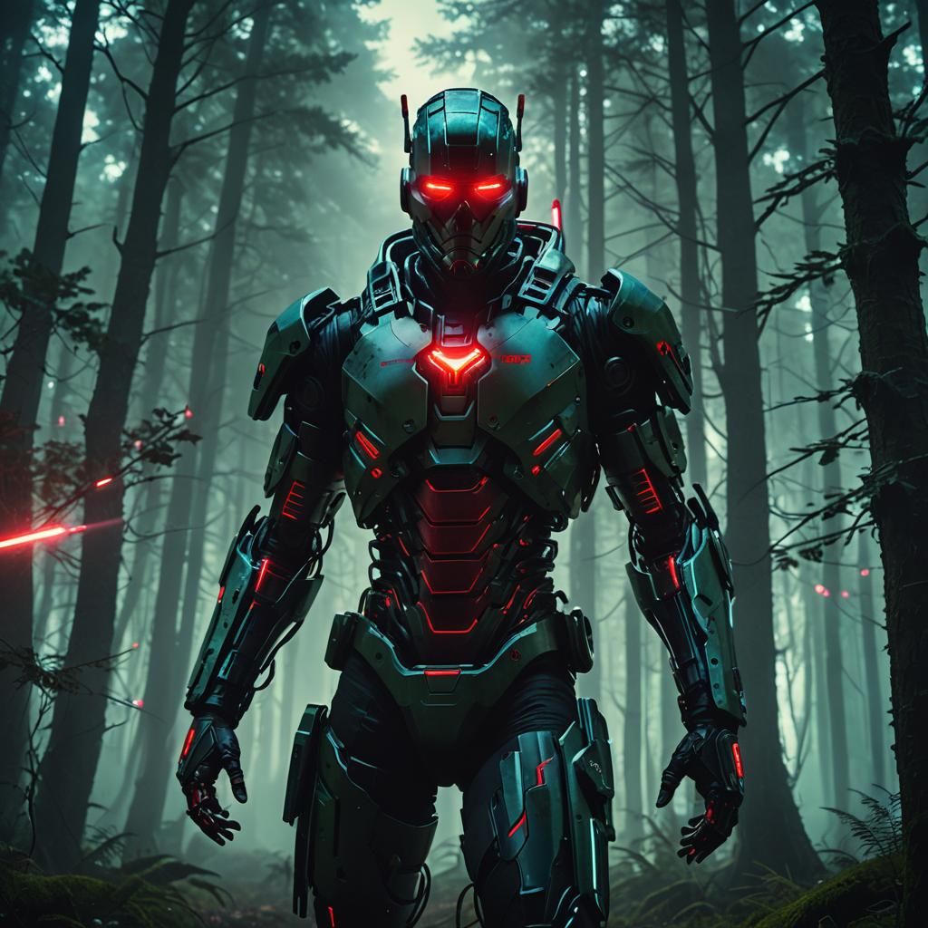 Cyborg with Red Eyes in Dark Cyberpunk Forest