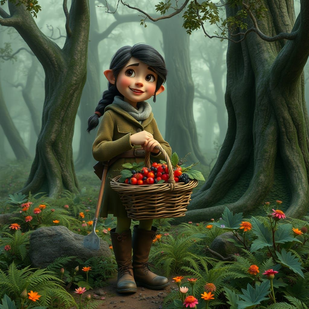 Whimsical Forager in Misty Forest: 3D Animation
