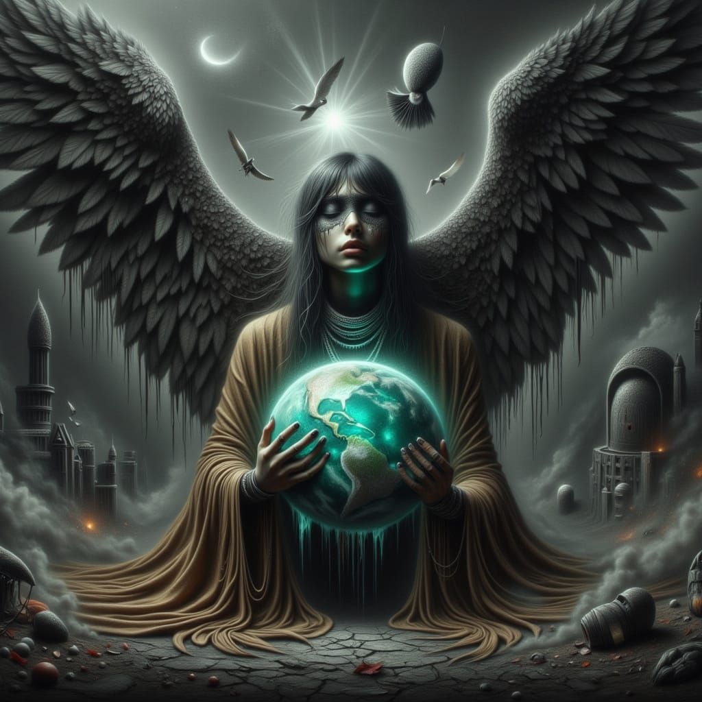 Fallen Angel Grasping Earth in Dystopian Style