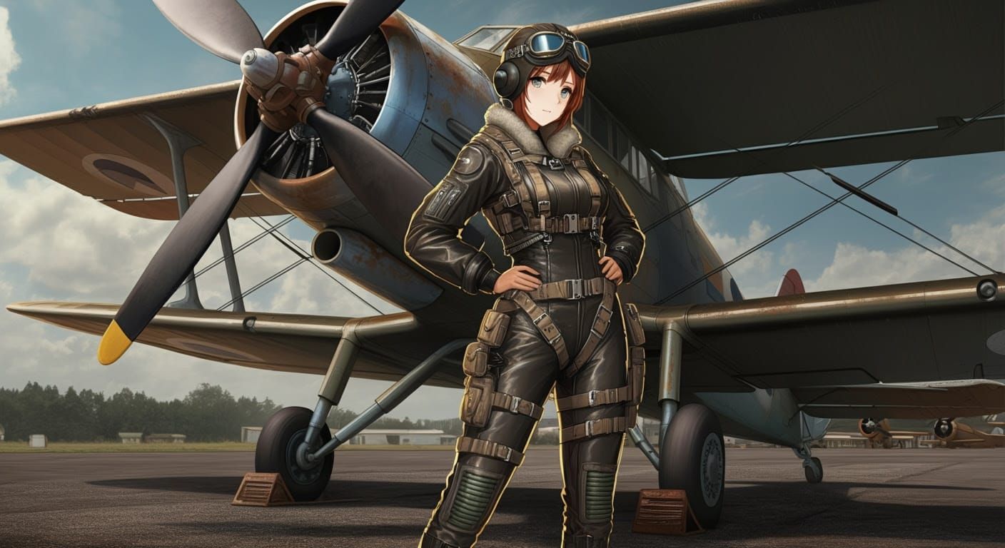 Girl in Anime-Style Flight Suit on Vintage Airfield