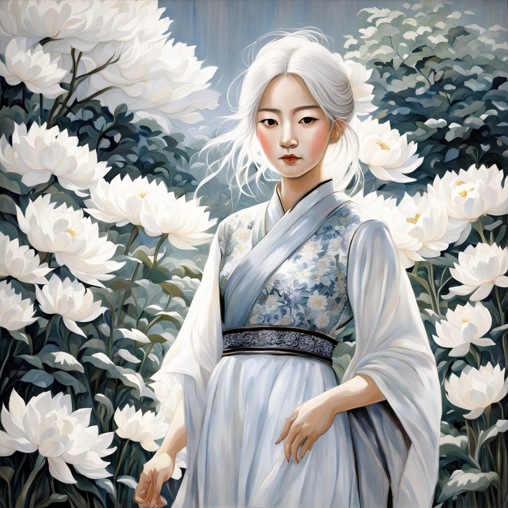 Elegant Woman in White Garden Oil Painting