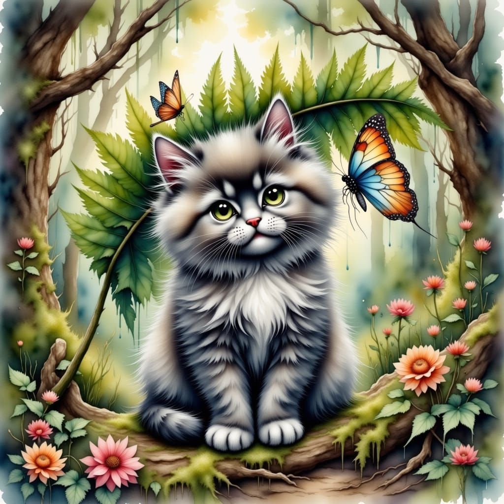 Kitten Shelters from Rain in Watercolor Forest