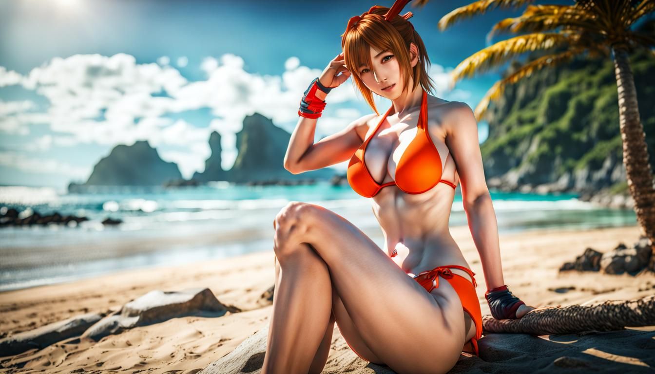 Asuka Kazama in Orange Bikini on Tropical Beach