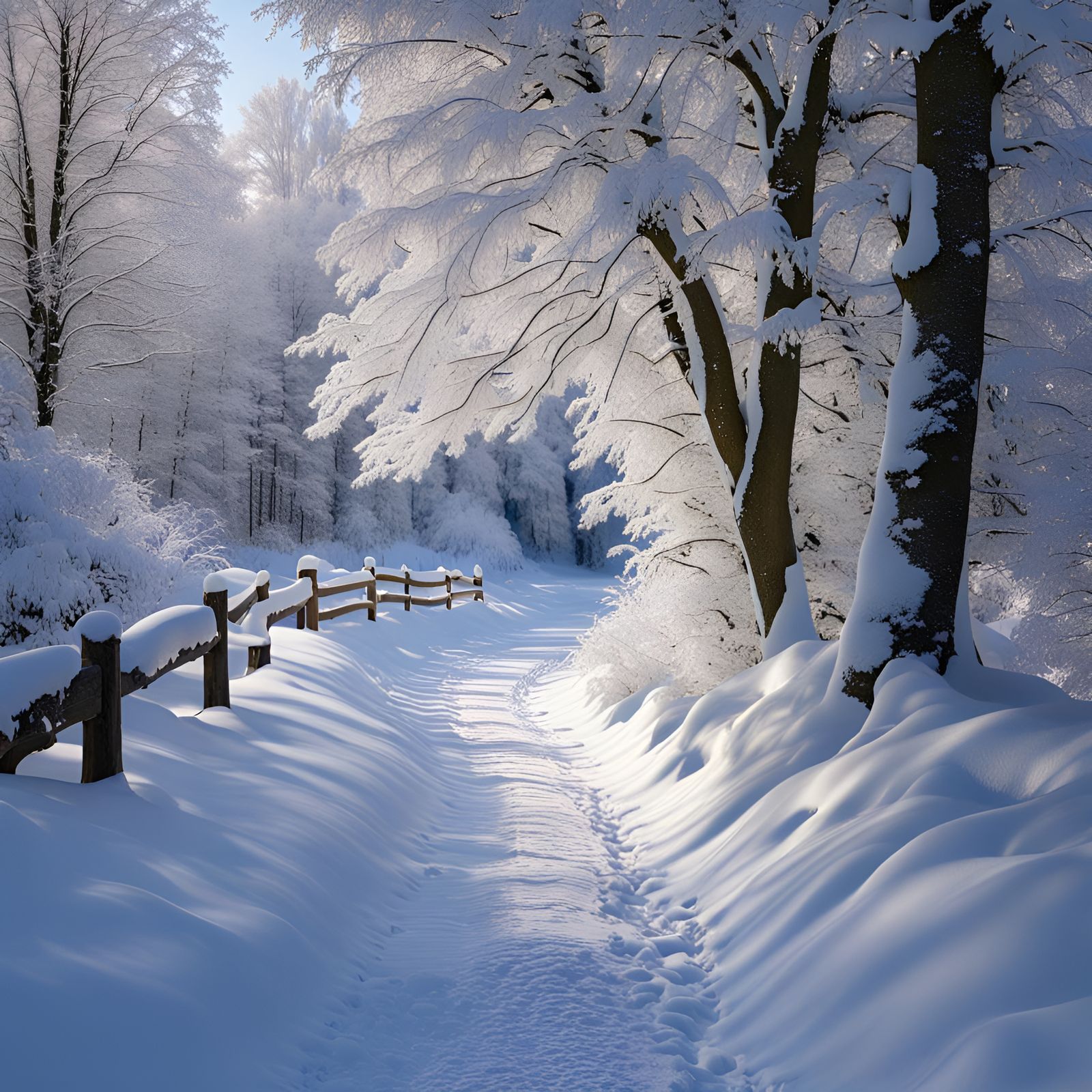 Winter Wonderland: Snow-Covered Path and Stream in 8K