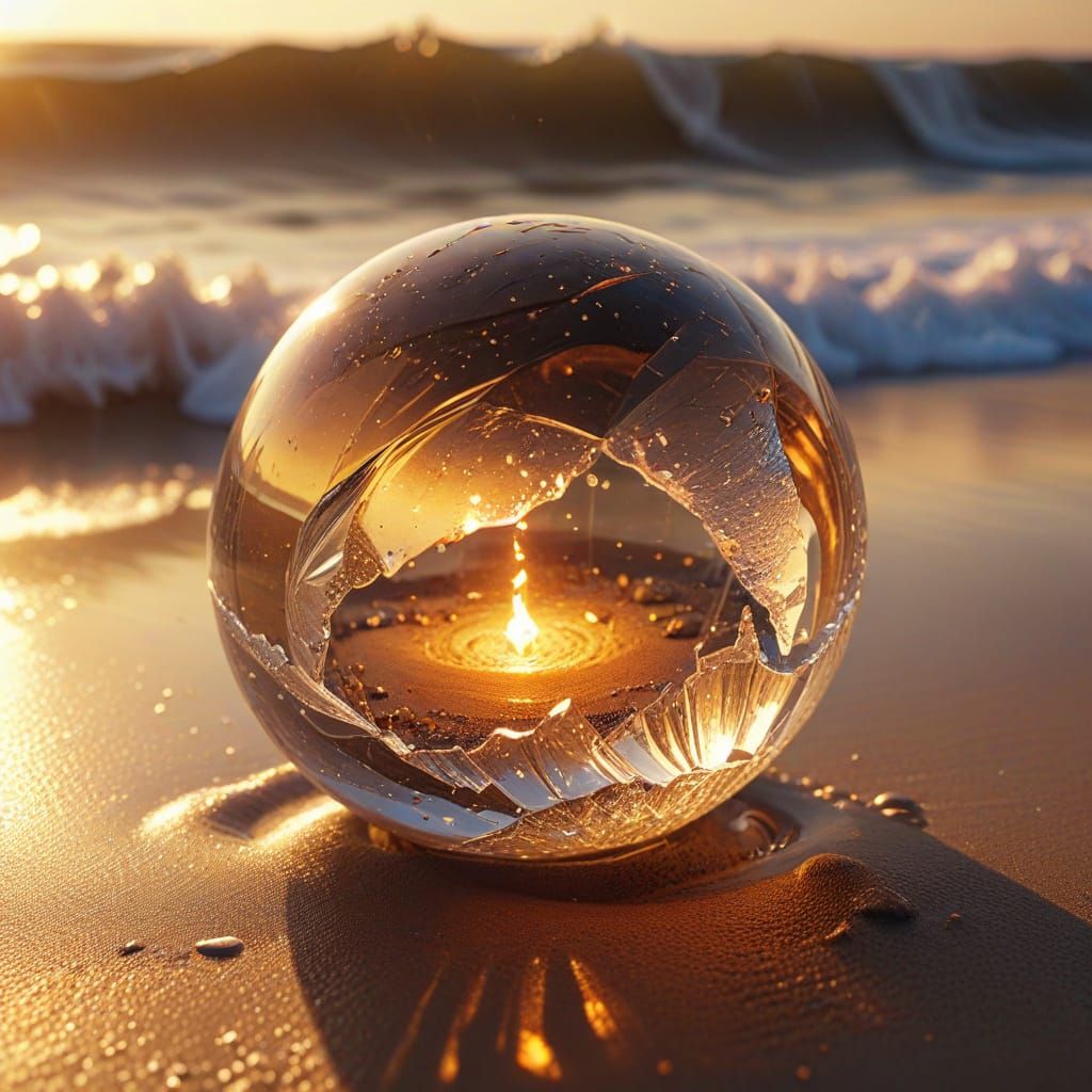 "An angular crystal sphere lies in wet sand, nearly swallowe...