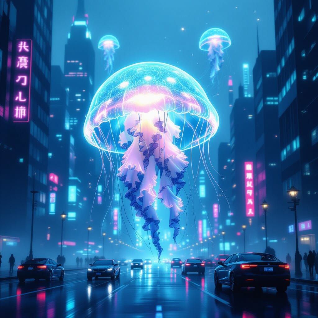 Bioluminescent Jellyfish in Neon Cyberpunk Cityscape