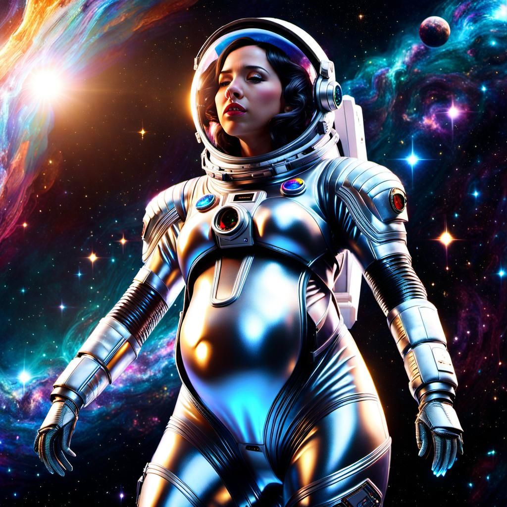 Pregnant Astronaut Crying in Futuristic Stardust Galaxy