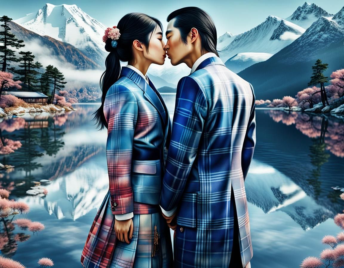 Japanese Couple Kissing at Lake in Pop Art Style
