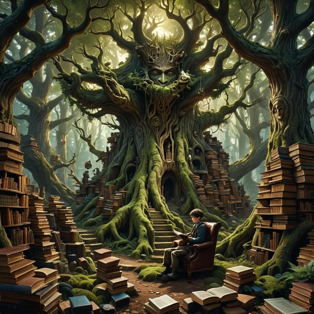 Magical Forest Library with Boy Reading, Hyperrealistic
