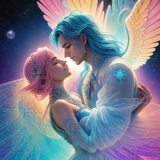 Fairies Embrace in Cosmic Surrealism