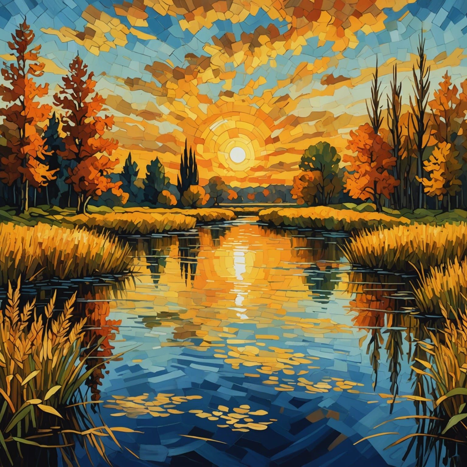 Golden Sunset Lake: A Van Gogh Inspired Painting
