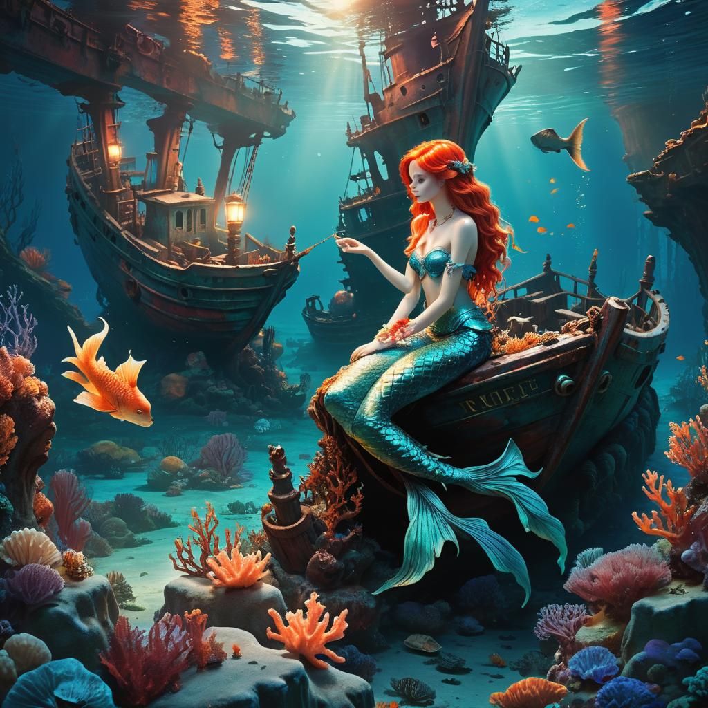 Mermaid and Prince by Sunken Ship: Fantasy Art