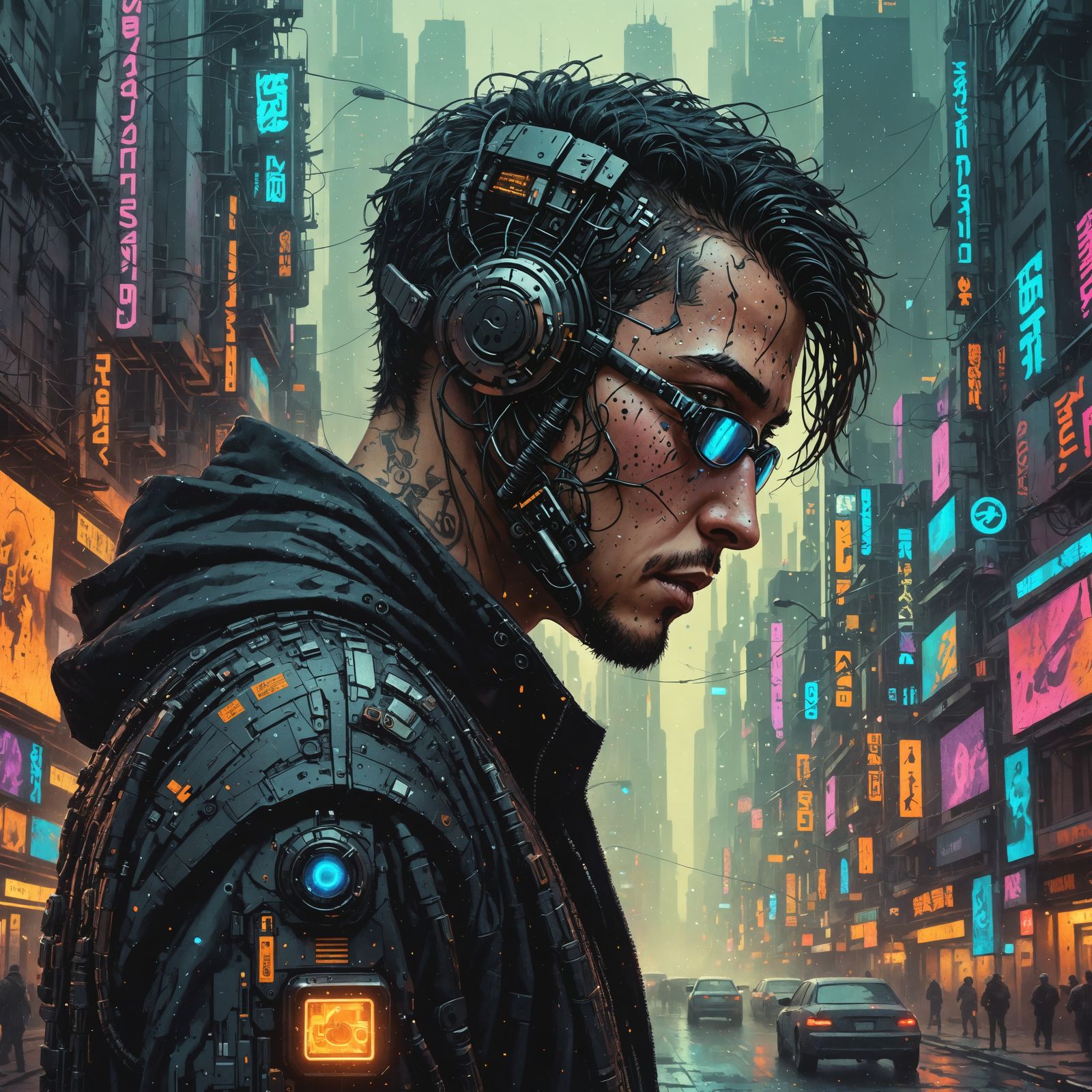 Cyberpunk Hacker in Dystopian Pointillism Style