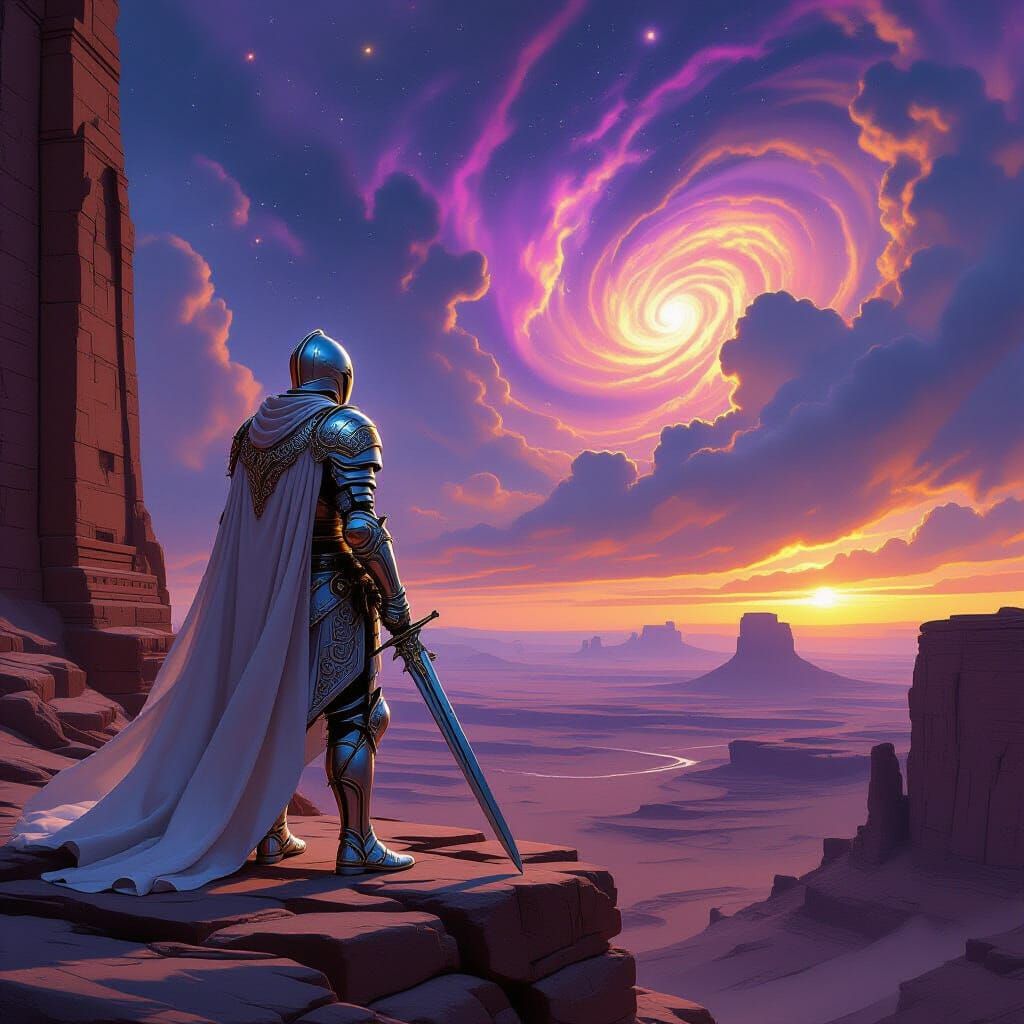 Knight in Silver Armor Overlooking Alien Desert